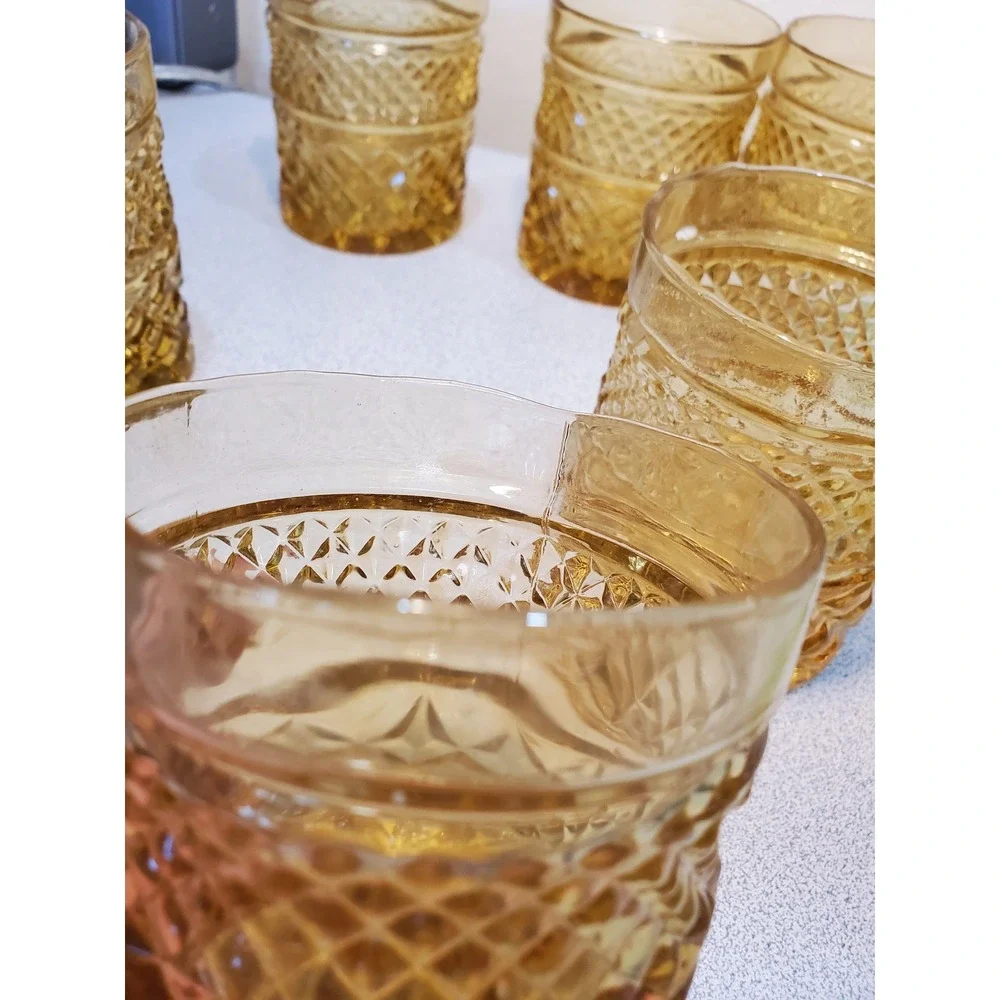 Vintage Yellow Amber Glass Tumblers Diamond Wexford Set of 6 Lowball Glasses